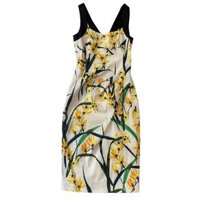KAREN Millen sheath dress sleeveles black white yellow stretch flattering size 4